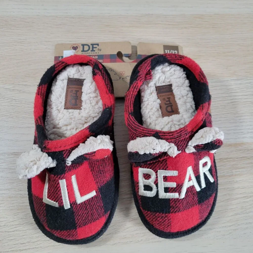 Kids Slippers Dearfoams Lil Bear 11/12 Check Plaid Memory Foam Soft Warm NWT